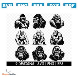 Silverback Gorilla Giant Large Primate Male Strength Mammal PNG,SVG,Eps,Cricut,Silhouette,Cut,Laser,Stencil,Sticker,Dec