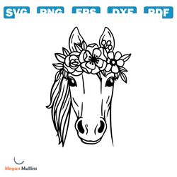 Horse SVG file, Horse with Flower Crown SVG, Horse cut file, Animal Face, Floral Crown, Horse with Flowers on Head, Cute
