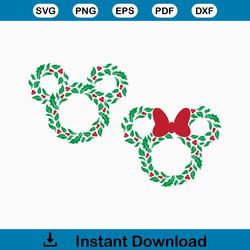 Christmas Holiday Wreath Mickey Minnie Mouse Ears | 2 COLOR | SVG Clipart Images Digital Download Sublimation Cricut Cut