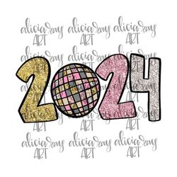 New Year Sublimation PNG Design | Hand Drawn | Digital Art Download | Shirt Design | Glitter | Pink and Gold | Disco Bal