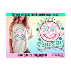 Happy go lucky png, retro st Patricks day sublimation design, st Patricks day smiley face png, retro smiley face, lucky,