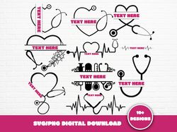 Stethoscope Split Monogram SVG Bundle, Hand Drawn Nurse SVG, Stethoscope Heart, Floral SVG, Doctor Svg Cut File, Nurse C