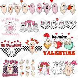 Valentine Ghost Svg Bundle, Girl Ghost Valentines Svg, Retro Valentine's Svg, Ghosts With Hearts,Valentine's Day SVG, Ha