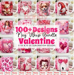 100 Valentine Mug Wrap Bundle, Valentines day Mug Wrap Sublimation Designs PNG, 11oz and 15oz Mug Template, 3D Valentine