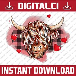 Valentine Highland Cow Heart PNG, Buffalo Plaid Cow Lover Farmer Png, Valentines Highland Cow With hearts Png, Valentine