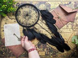 8" Traditional Black Dreamcatcher with 20" Feather Extensions - Handcrafted Wall Hanging