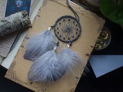 Soft Gray Fluffy Feather Dreamcatcher - Serene Car Accessory