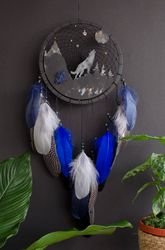Handmade Black Wolf & Moon Dream catcher - Wall Decor with Blue & Black Feathers