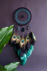 Turquoise Green and Black Peacock Dream Catcher with Moon Phases | Birthday Gift for Friend, Woman