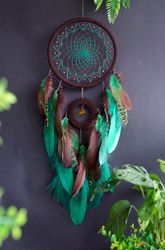Large Handmade Green & Brown Dream Catcher with Crystal | Bohemian Home Decor | Perfect for Positive Energy