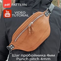 PDF pattern leather waist bag. Leather chest bag. Punch pitch 4 mm. Download PDF & video TUTORIAL