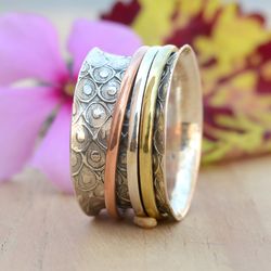 Boho Spinner Ring For Women, Anxiety Ring Spinner Sterling Silver Wide Band Ring Women, Fidget Ring, Worry Ring Thumb