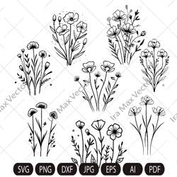 Wildflowers svg, Wild flower svg bundle, floral frame svg, Split monogram svg, Bouquet SVG, Floral svg,