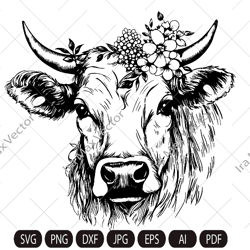 Cow SVG file, Cow with Flower Crown SVG, Cow cut file, Animal Floral Crown, Cow with Flowers on Head, Cute Cow svg