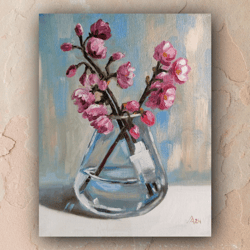 Apple tree flowers Painting Original Oil Art Stretched Canvas Pink Flowers Artwork 8" x 10"