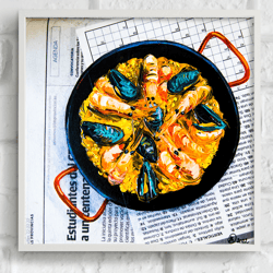 Seafood Painting Spanish Original Oil Art 8 by 8 Newspaper Art Food Still Life Art Restaurant Miniature Vintage Artwork
