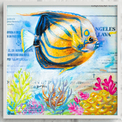 Fish Painting Underwater Original Oil Art 8 by 8 Newspaper Artwork Coastal Seafood Art Marine Life Ocean Nautical Decor