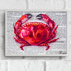 Crab Original Oil Painting: Moody Still Life Art on Newspaper - Miniature Sea Life Lobster Animal
