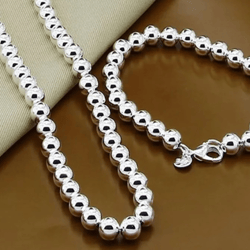 925 Sterling Silver 8mm Hollow Round Beads Set: Elegant Necklace & Bracelets for Women's Wedding & Engagement Jewelry