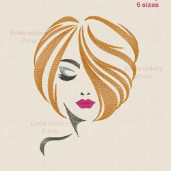 Modern woman embroidery design, fashionable girl red hair style embroidery pattern face mother embroidery designs. 6 siz