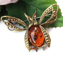 May Beetle Brooch Insect Nature Jewelry for Women and Men Gold Brass with Amber Jewelry Spring Summer Jewelry Brooch