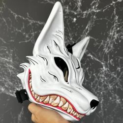 Japanese Kitsune mask Black and White, Full face Kitsune mask, Japanese fox mask, Wolf mask, Anime Cosplay, fox mask
