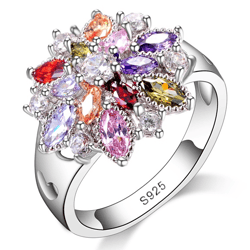 Colourful Cubic Zirconia Flower Sterling Silver Ring: Cute Fashion Jewelry for Women & Girls, Perfect for Party & Engage