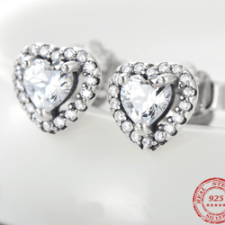 Modian 925 Sterling Silver Heart Stud Earrings with Clear CZ - Women's Wedding Statement Jewelry