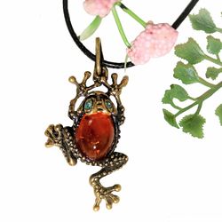 Frog Animal Necklace Gold Brass with Amber pendant Nature lovers gift for friend women children Animal funny jewelry