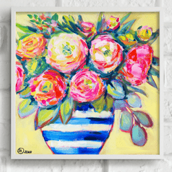 Abstract Flowers Whimsical Blue Ginger Jar Oil Painting, Bold Floral Wall Art Painting, Matisse Art Farmhouse Decor