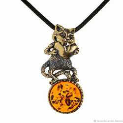 Cat with Heart Necklace Cord Cat Jewelry Gold Tone Brass with Baltic Amber Pendant Jewelry for children women men