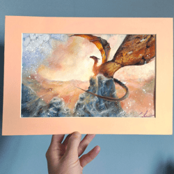 Original Dragon Painting, Fairy Painting, Sunset landscape, Fantasy Painting, Sky Painting Watercolor