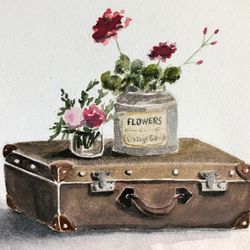 Old suitcase and flowers original watercolour modern painting