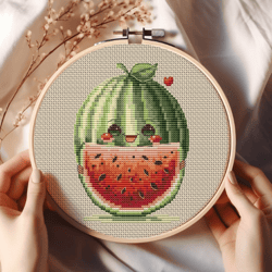 smiling watermelon cross-stitch pattern funny watermelon slice embroidery fruits lover gift instant download pdf vegan