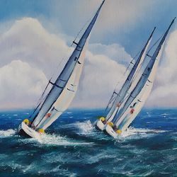 regatta oil painting, yachts painting, waves oil painting, seascape painting, clouds ocean art, sailboats art, sailing