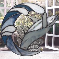 Stained Glass Whale Ornament, Stained Glass Window Hanging, Stained Glass Whale Suncatcher, Stained Glass Moon, Nautical