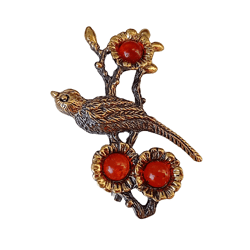 Bird on branch with Flowers Brooch Summer Jewelry Nice gift for girl women Gold Red brooch Paradise Bird Brooch pin