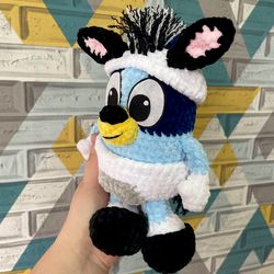 Handmade toy muffin, bluey, bingo, and socks in a zebra costume