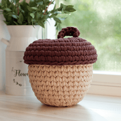 Acorn Basket Rattles Crochet Pattern - T-Shirt Yarn Basket Instruction PDF - Cozy Home Decor Easy Tutorial for Beginner