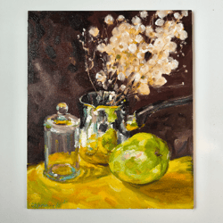 Still life Apple and Fluffy Grass Bouguet Original Oil Painting, Glass art
