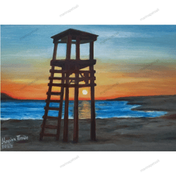 Baywatch, oil, painting,wall,art, handmade, artwork,sunset on the beach, quite, peaceful, spring, summer