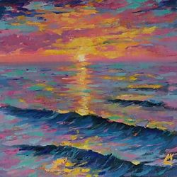 seascape painting sea reflexes art small painting sunset painting landscape painting ocean coast painting sea waves art