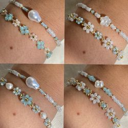 Floral Bracelet Sets: Light Blue Beads & Pearls, Custom Sizing Available-Elegant & Waterproof Jewelry, Dainty bracelets
