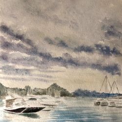 Original Watercolor painting marine scenery yacht boat 7.8 x 11.6'' inches