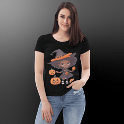 Pumpkin halloween Beautiful girl wearing a witches hat And around it the pumpkin Women's fitted eco tee