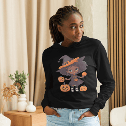 Pumpkin halloween Beautiful girl wearing a witches hat And around it the pumpkin Hooded long-sleeve tee