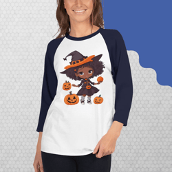 Pumpkin halloween Beautiful girl wearing a witches hat And around it the pumpkin 3/4 sleeve raglan shirt
