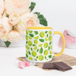 Lime Slices & Green Leaves Seamless Pattern Coffee Mug with Color Inside