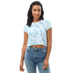 Blue and White Spiral Pastel Tie Dye All-Over Print Crop Tee