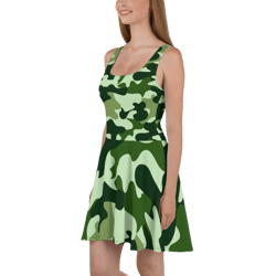 Military Green Camo Pattern Skater Dress